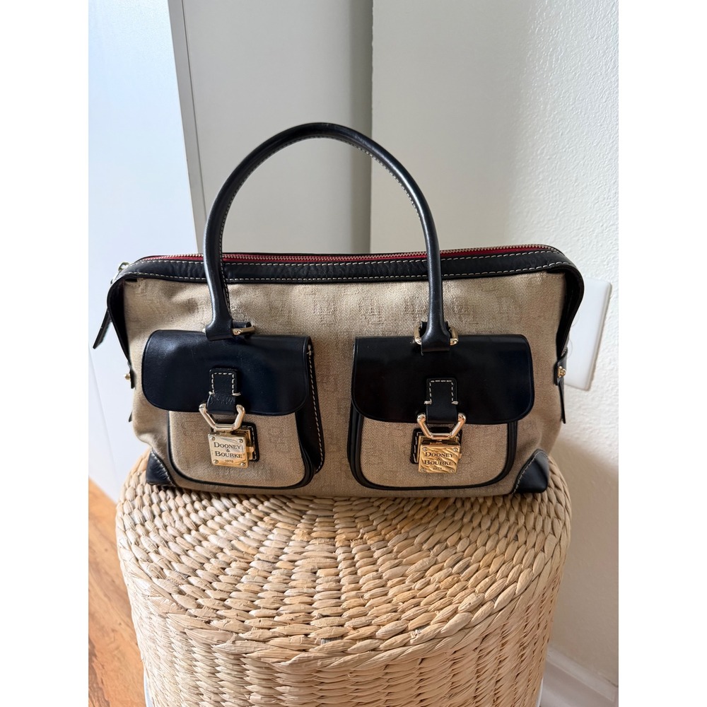 Dooney & Bourke Monogram Jacquard Satchel Bag Beige Black Leather Trim